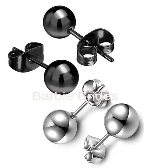 2 Pairs 316L Surgical-Steel Black & Silver Round Ball Men & Women Stud Earrings